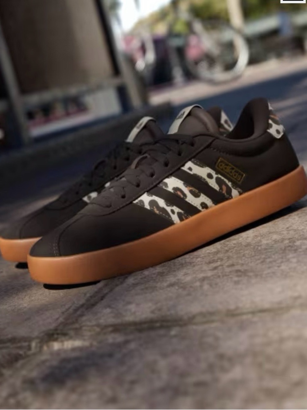 Adidas women’s Dark Brown Sneakers with Brown Gum Sole and Leopard-Print Stripes